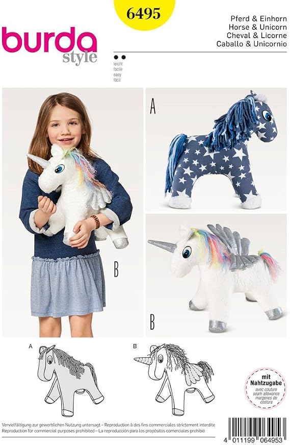 Burda Crafts Sewing Pattern 6495 Stuffed Animal Horse & Unicorn Toys