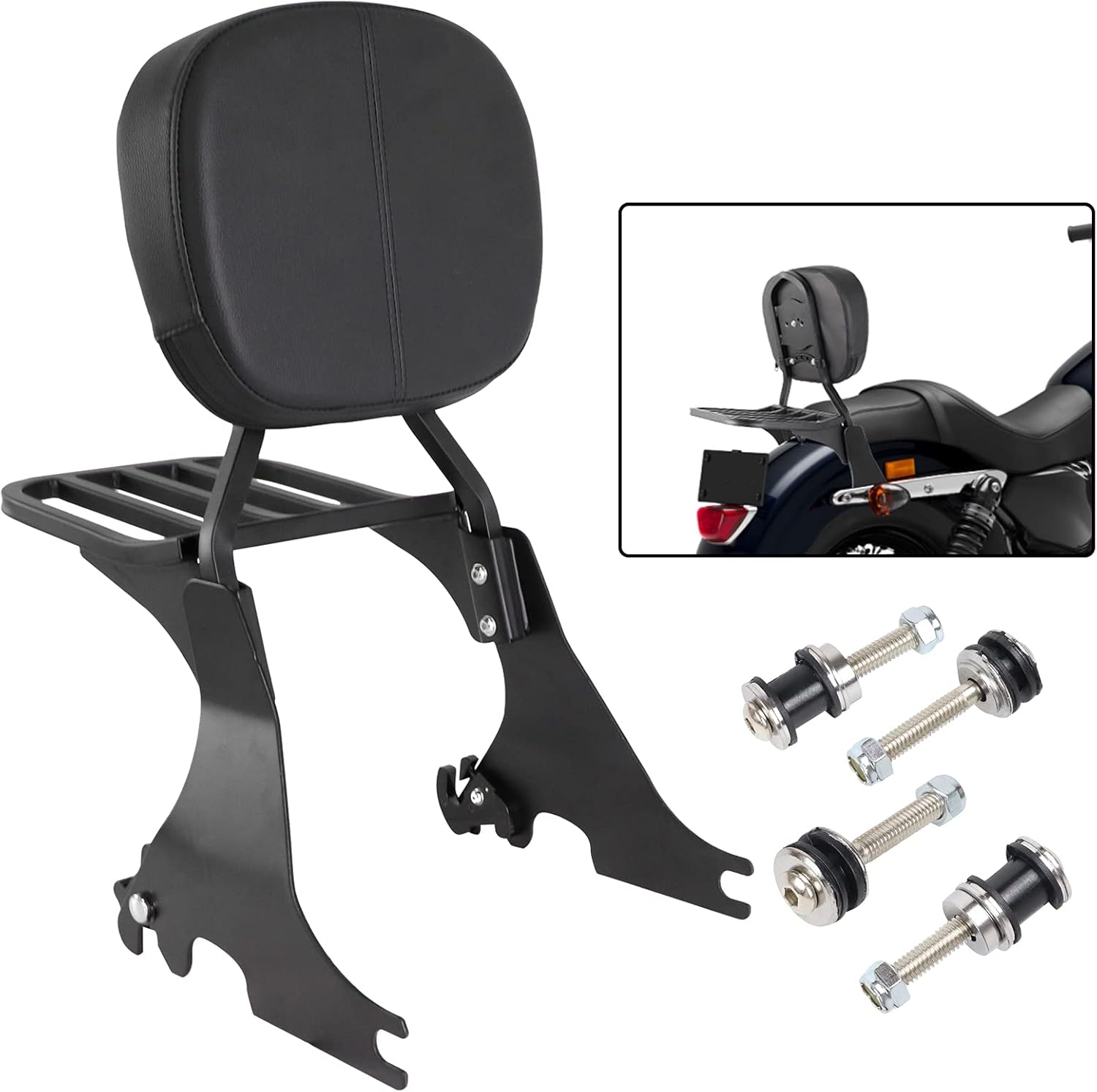 AUFER Motorcycle Passenger Low Backrest Sissy Bar with Back Rest Pad Luggage Rack and Docking Hardware Kits Compatible with for Sportster 883 XL883 1200 XL1200 2004-2024