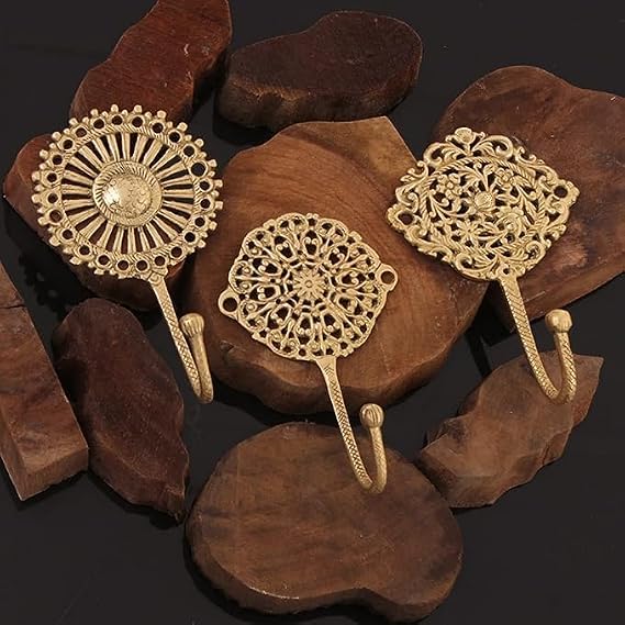 Indian Shelf Set of 3 Solid Brass Boho Wall Hooks for Coats and Keys