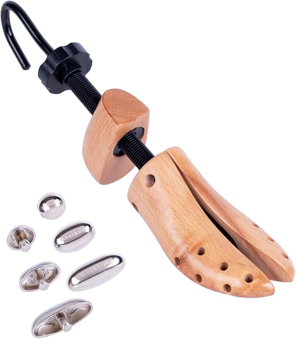 FootFitter Professional 2-Way Shoe Stretcher, Length & Width Expander | Durable Wooden Stretcher Extends Up to 12 a Size, Adds Targeted Stretch for Tight Areas with Metal Relief Spot Plugs