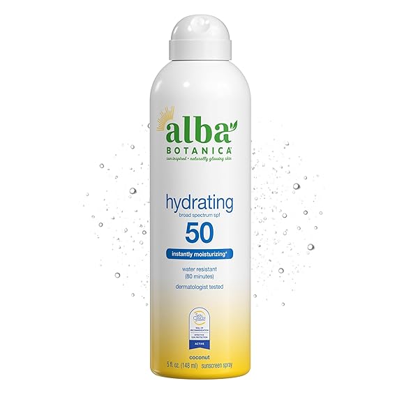 Alba Botanica Hydrating Sunscreen Spray, SPF 50 Broad Spectrum Protection, Instantly Moisturizing, Water Resistant (80 minutes), Hypoallergenic, Oxybenzone-Free, 5 Fl. Oz