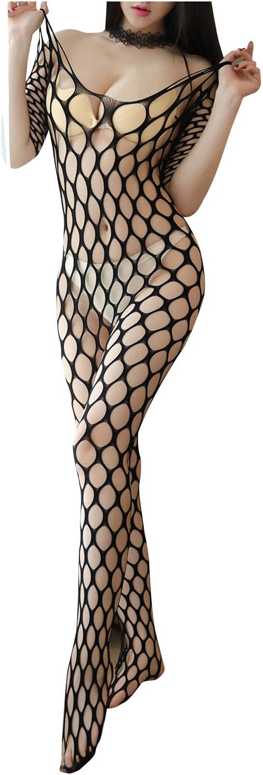 wodceeke Women's Sexy Mesh Bodystocking Fishnet Lingerie Hollow Out See Through Off Shoulder Jumpsuit for Sex Naughty