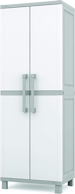 Keter Storage Cabinet with Doors and Shelves for Laundry Room, Garage, Bathroom Accessories, Closet and Home Organization, White & Grey