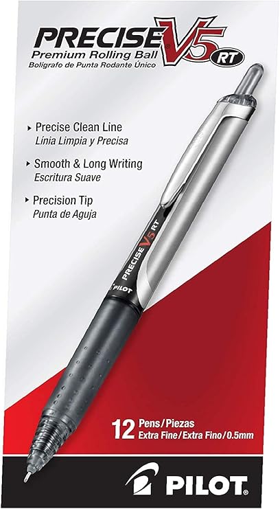 Pilot Precise V5 RT Refillable & Retractable Rollerball Pens, Extra Fine Point Pens 0.5 mm, Black, Pack of 12 - Ideal for School, Journaling & Office Writing