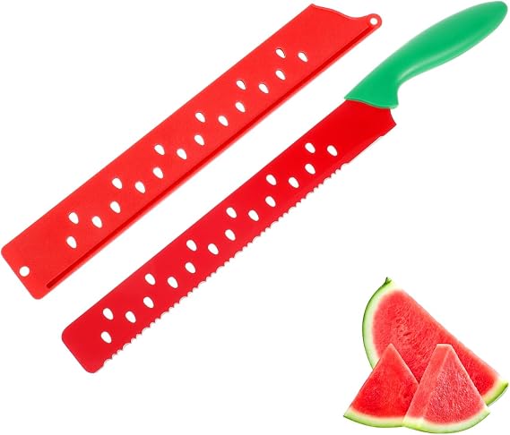 Garneck Watermelon Knife with Sleeve Serrated Watermelon Cutter: Multifunctional Long Melon Slicer Fruit Knife for Lettuce Melon Bread Cake Vegetables Home Restaurant Picnic Summer Camping Party