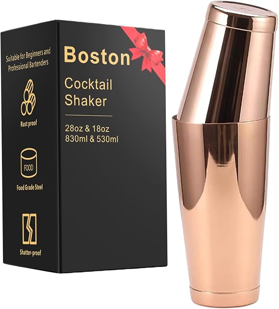 Stainless Steel Cocktail Shaker 2 Piece 18oz Unweighted & 28oz Weighted Professional Bartender Boston Shaker Drink Mixer for Bartending Essential Bar Tools (Copper)