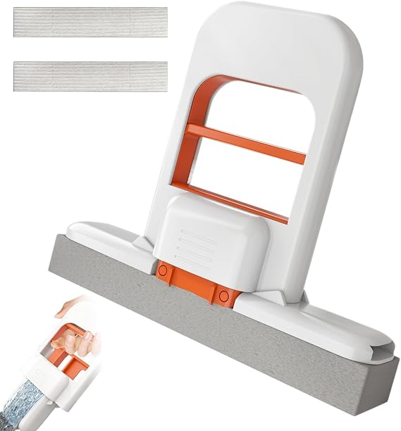 Portable Mini Mop | Self-Squeeze Foldable Desktop Cleaning Tool, Wet & Dry Hand-Free Sponge Mop with 2 Replacement Heads for Kitchen, Bathroom, Small Spaces, Glass & Car Interiors
