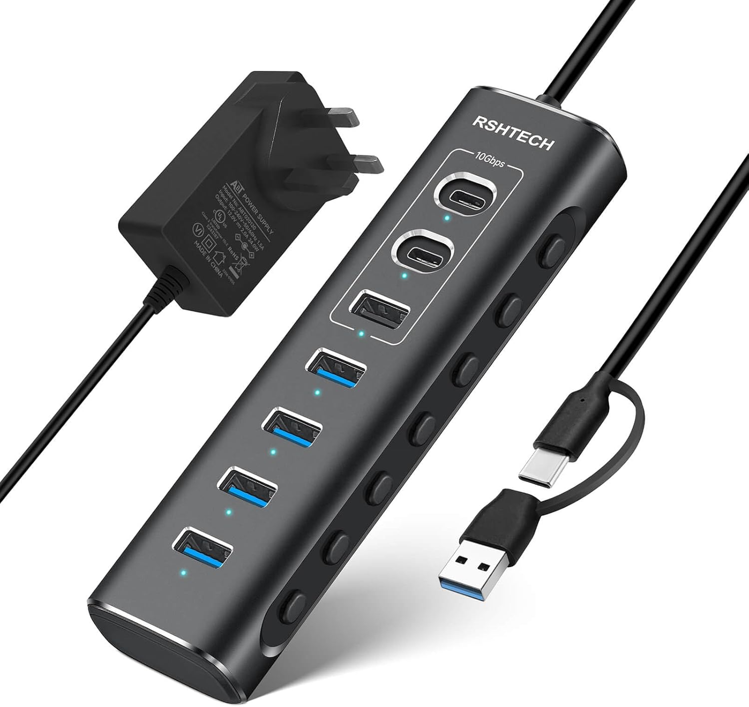 Powered USB 3.13.2 Hub RSHTECH 7-Port USB C Hub with 10Gbps USB-A and 2 USB-C Data Ports  4 USB 3 Port, Aluminum USB Splitter with 12V Power Supply and 3.3ft USB Cable RSH-A107C, Black