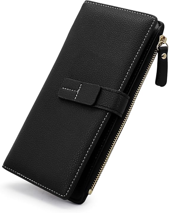 Wallet for Women, Ladies Leather Slim Wallets Card Holder, Large Capacity Bifold Clutch Purse with Zipper Pocket (Black)