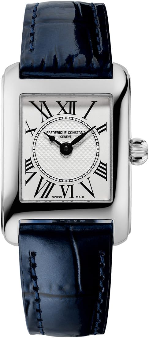 Ladies Swiss Quartz Classic Carree Silver-Tone Stainless Steel Watch with Blue Leather Strap, Style: FC-200MC26