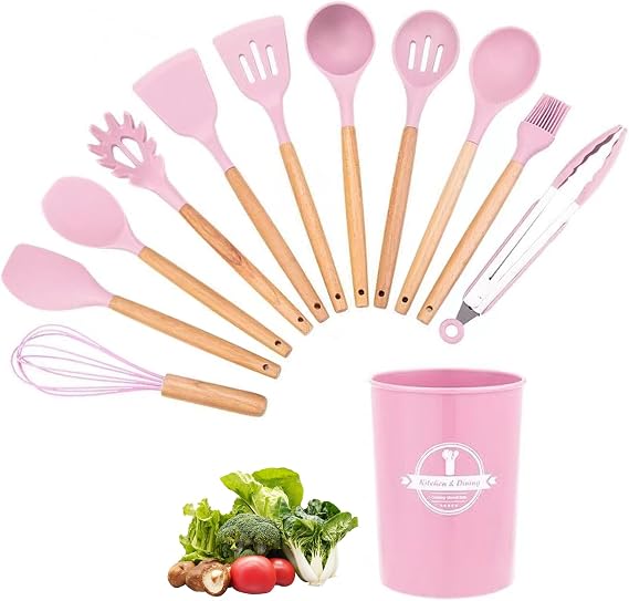 Kitchen Utensil Set, 12 PCS Silicone Cooking Utensils with Holder, Silicone Cooking Utensils Set with Wooden Handle Natural Wooden Handle Cookware Tongs Spatula Spoon Set(Pink)