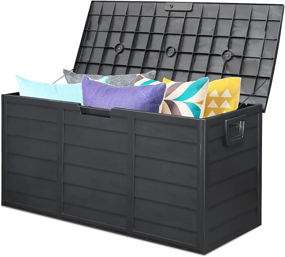 75 Gallon Outdoor Storage Box,Waterproof Deck Box with Lockable Lid&Wheels,Easy-open Outdoor Storage Bench with Handles for Garden,Pool,Balcony (Black)