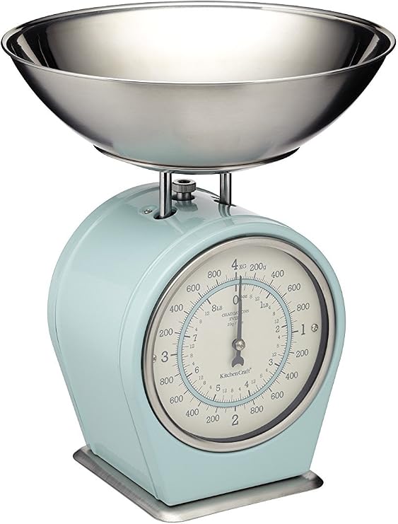 KitchenCraft Living Nostalgia Mechanical Kitchen Scale with Bowl in Gift Box, Scale made of Cast Iron with Acacia Wood Stand, Vintage Blue