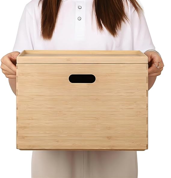 BAMOTTO CRAFTBAMBOO Large Lidded Bamboo Storage Bin 14.6x10.2x9.6 | Stackable | Cutout Handles | Natural Bamboo Box Basket for Kitchen Pantry Office Closet, Organize Tableware Toys Crafts Books