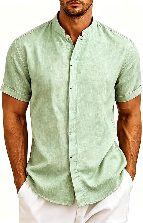 Men's Linen Shirts Short Sleeve Casual Button Down Shirt for Men