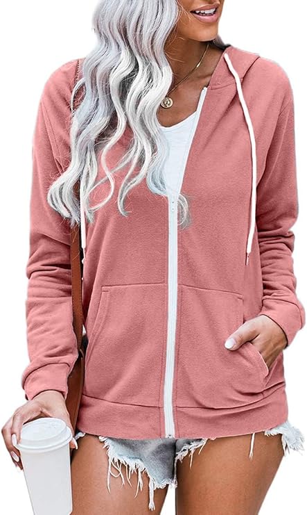 WROLEM Women Casual Full Zip Up Hoodie Comfy Loose Long Sleeve Sweatshirt Solid Color Jacket with Pockets