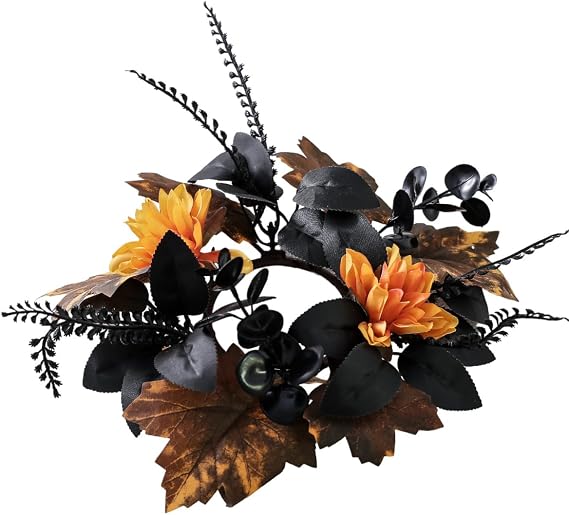 2 Pack Black Thanksgiving Candle Rings Wreaths Kitchen Cabinet Wreaths Table Centerpieces Mini Rings Candle for Pillars Window Chair Wall Decor (Black)