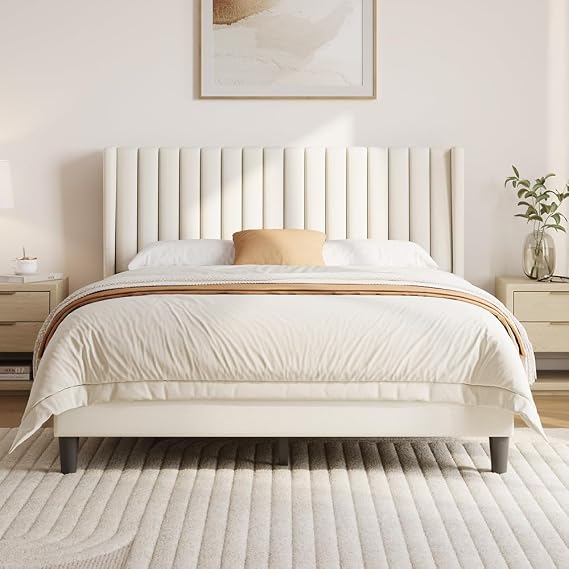 Yaheetech Queen Bed Frame with Headboard,Ivory Channel-Tufted Platform | Sturdy wood frame with upholstered linen blend fabric provides silent support, easy assembly, and 6" under-bed storage space.