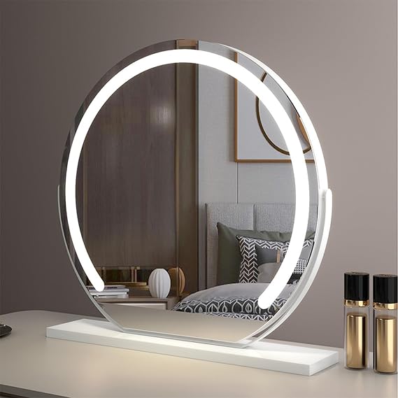 Freestanding Round Led Mirror, Dressing Table Mirror, Vanity Mirror with Lights, Light Up Makeup Mirror Gold Black White Silver, 3 Color Temperature 360°Rotation Stand(Size:50 cm,Color:White)