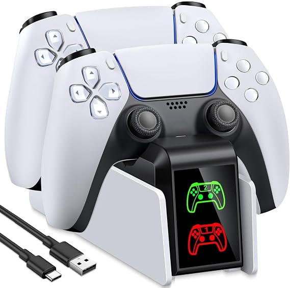 PS5 Charging Station, 2H Fast Controller Charger for PlayStation 5 DualSense, Upgrade PS5 Charging Dock with 2 Types of Cable, White