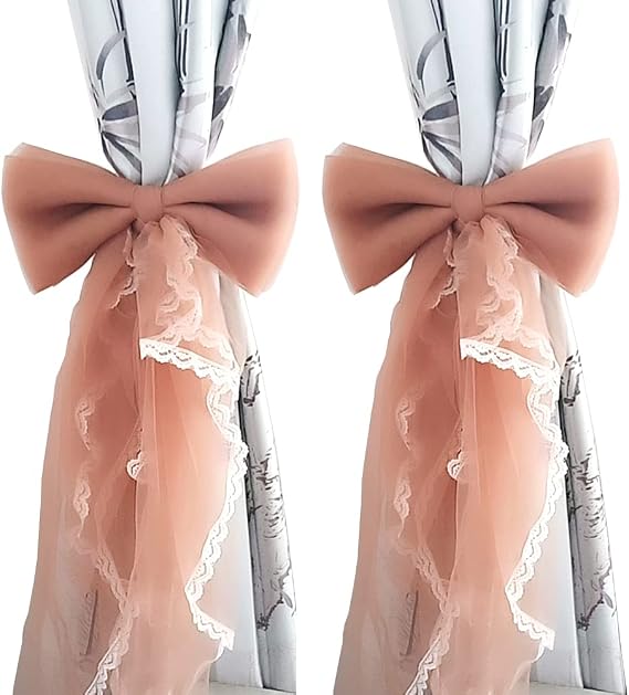Curtain & Drapery Tassel Tiebacks 1 Pair Handmade Cute Bowknot Lace Window Curtain Buckle Tieback Hanging Rope Home Decor for Wedding Birthday Party Decoration (Apricot)