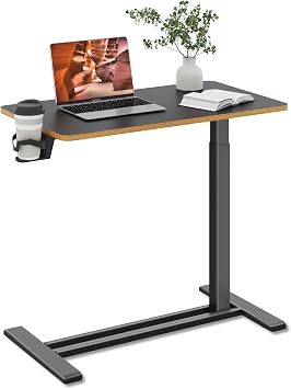 Adjustable Overbed Bedside Medical Table with Wheels,Pneumatic Mobile Rolling Laptop Desk with Hidden Casters for Hospital and Home Use, Black Table Top + Maple Edging Large