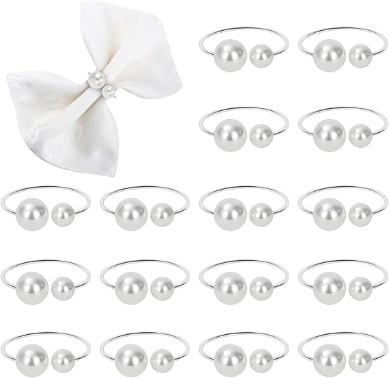 KPOSIYA Pearl Napkin Rings Set of 20 Silver Napkin Holder for Table Decor