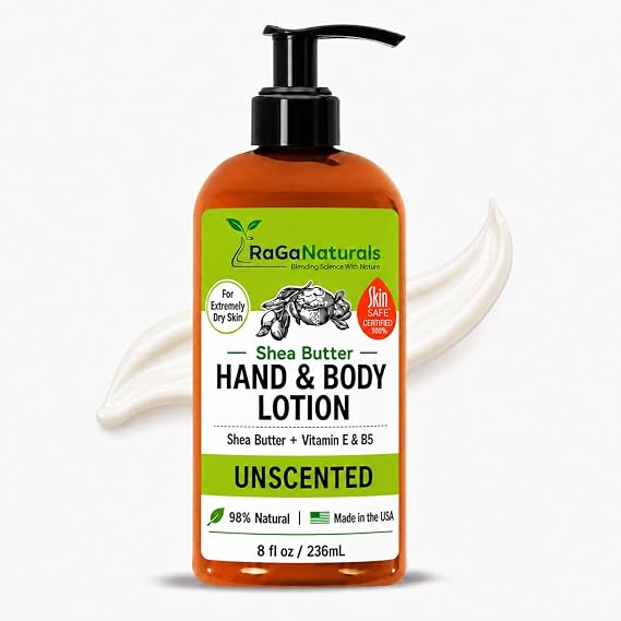 RaGaNaturals Unscented Shea Butter Lotion - for Extremely Dry Skin - Hand & Body Lotion - Hydrating Natural Non-Toxic Formula, Avocado Oil & Vitamin E, Fragrance Free - Women, Men, Kids & Baby - 8 Oz