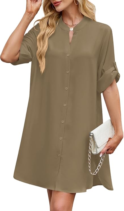 PerZeal Womens Sexy V Neck Button Down Shirt Dresses Summer Short Sleeve Casual Loose Blouses & Button-Down Shifts Cover Ups