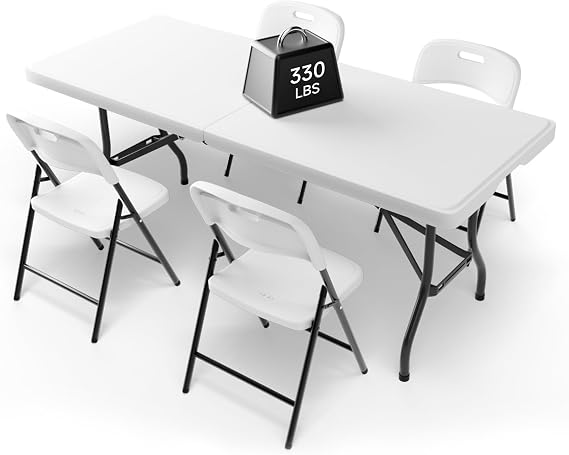6FT Folding Table Set with 4 Chairs Heavy-Duty 330 lb Table & 600 lb Chairs, Portable Foldable Furniture Set for Camping, Parties, Indoor & Outdoor Use