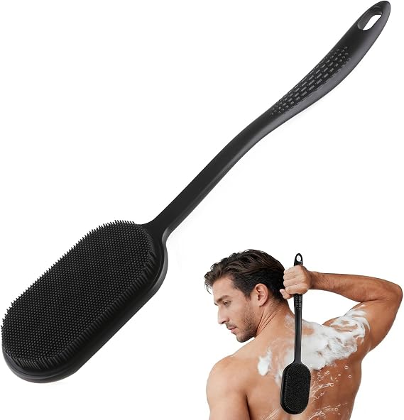 Double Sided Shower Back Scrubber - 42cm Long Handle Exfoliating Massage Body Brush, Rich Lather Producing(Black)
