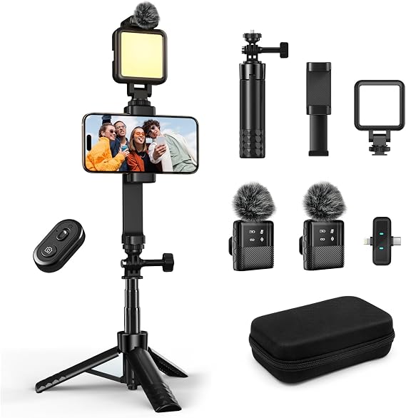 yAyusi Vlogging Kit for iPhone/Android,31" Selfie Stick Tripod with Light, Microphone, Remote Control & Storage Boxes, YouTube Starter Kit for Interviews, Vlogs, TikTok, YouTube Video Recording
