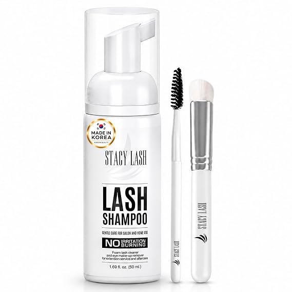 STACY LASH Eyelash Extension Shampoo + Brush / 1.69 fl.oz / 50ml / Korean Makeup Remover/Eyelid Foaming Cleanser/Wash for Extensions & Natural Lashes/Supplies for Professional & Home Use