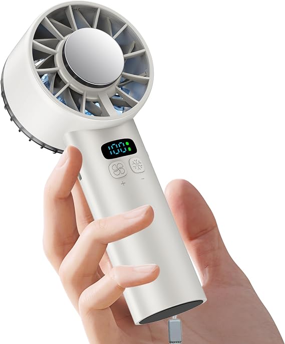 Handheld Ice Fan,1-100 High Speed Hand Fan, 5200mAh Battery Operated Cooling Fan Rechargeable Personal handheld fans with Digital Display for Travel Camping Outdoor White