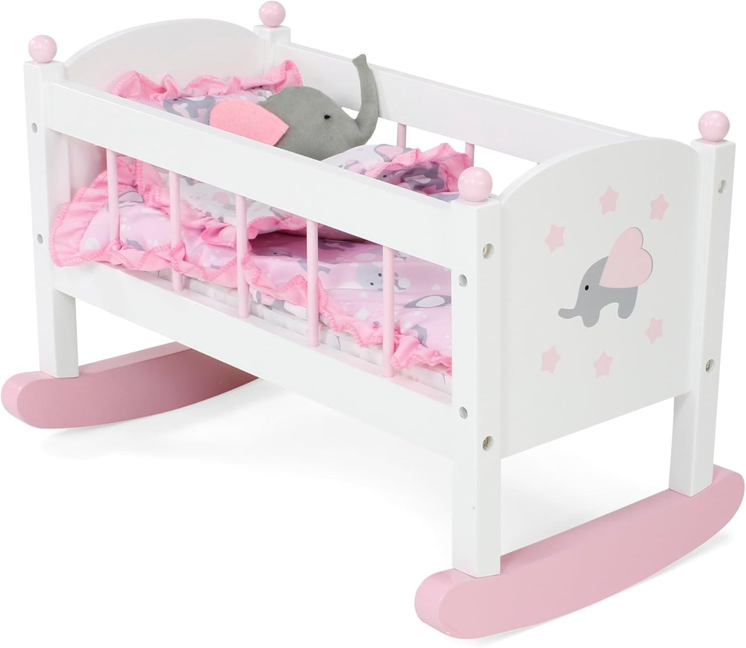 Emily Rose Wooden Baby Doll Crib Rocking Cradle with 4-PC Reversible Bedding Set | Pink Gray Doll Furniture | Fits 14”-19” Dolls | USA Brand | CPSIA & ASTM Certified | Gift for Girls Kids Ages 3