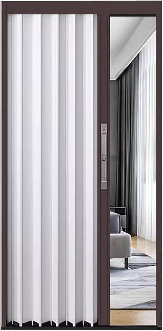 Aluminum Double Folding Door with Lock and Key 80 Inch High Space Saving Concertina Design Large Sliding Door for Kitchen or Bathroom Brown Frame 50 x 80 Inch