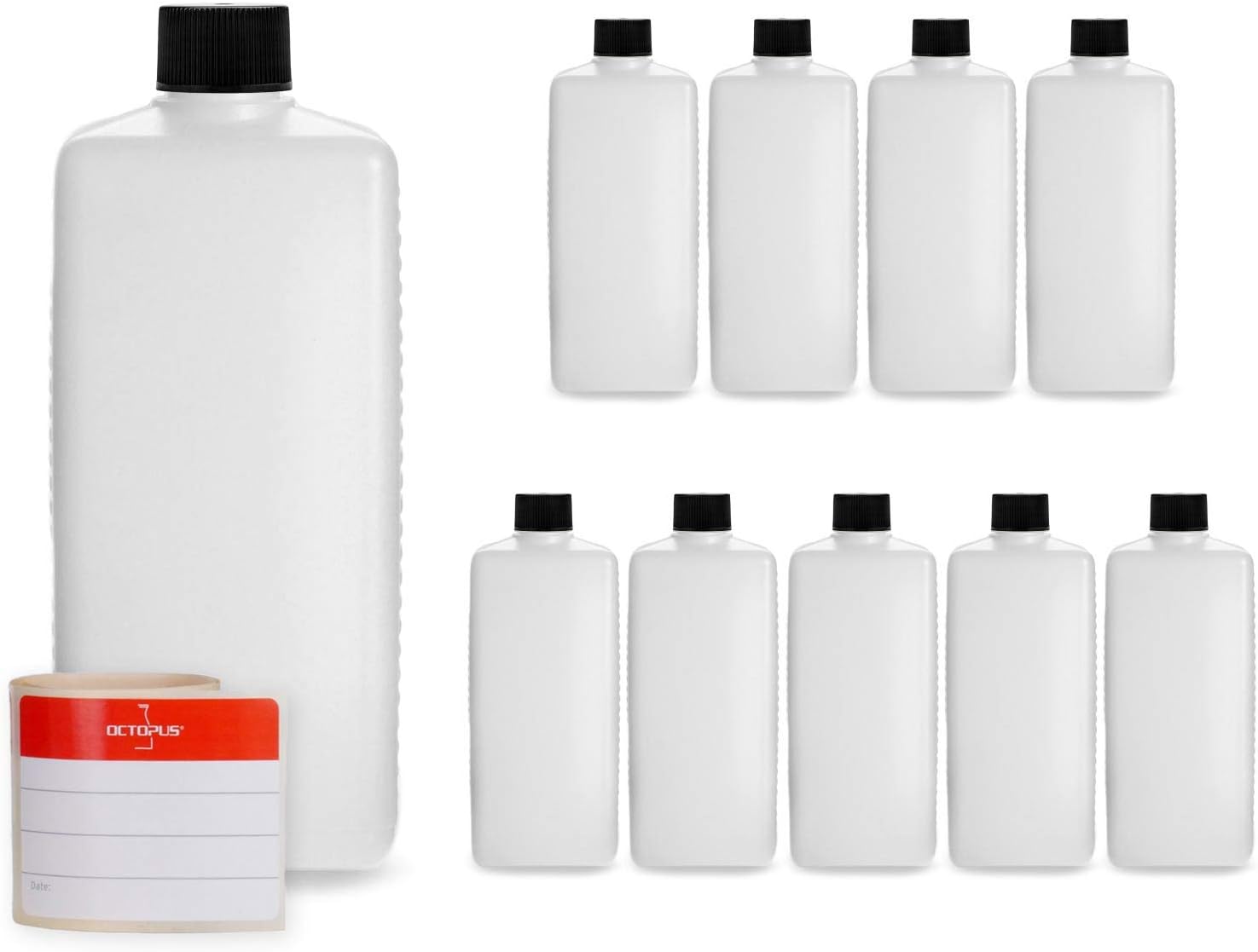 10x 500 ml Octopus plastic bottles, HDPE plastic bottles with black screw caps, empty bottles with black screw caps, square bottles incl. labels