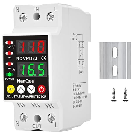 100-240V Universal Adjustable Over Under Voltage and Current Protector Automatic Recovery 80-300Volt 1-63Amp 40-70Hz Self Reset Electrical V A Display AC DC Power Meter Single Phase (63A)