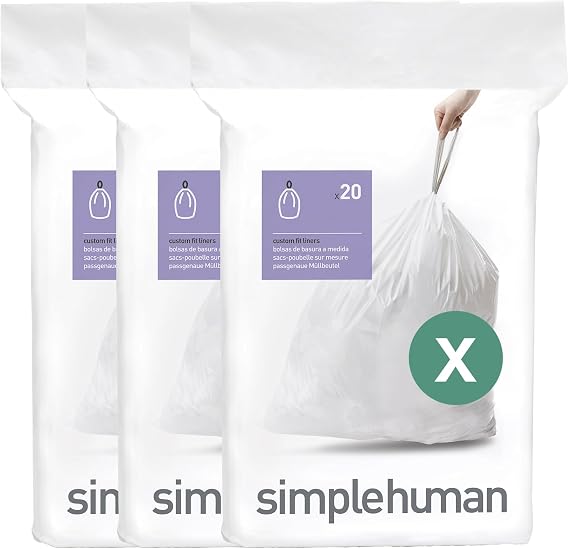 simplehuman CW0272 code X Custom Fit Bin Liner Bulk Pack, White Plastic (3 Pack of 20, Total 60 Liners)