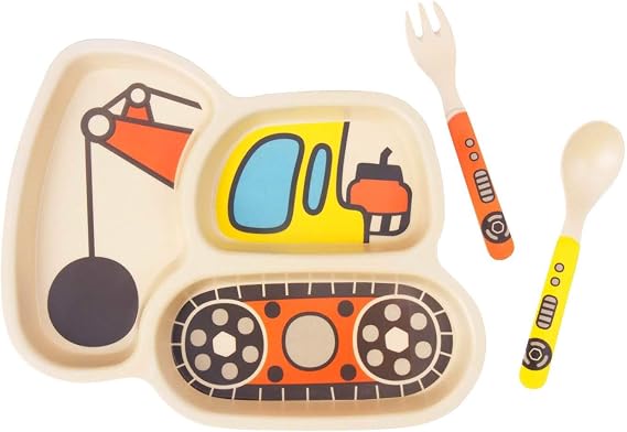 Kid Plate Set Bamboo Toddler Plates Dinnerware Dinner Dish Set Baby Feeding Spill Proof Divided Plate - Baby Spoon and fork 3-Piece Set for Kids and Toddlers Teaches Child Portion Control
