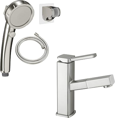 KAIYING Drill-Free High Pressure Handheld Shower Head with ONOFF Pause SwitchBrushed Nickel & KAIYING Single Hole Bathroom Sink Faucet with Pull Out SprayerRegular, Brushed Nickel