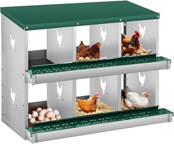 Metal Chicken Nesting Box, 6 Compartment, 2-Layer, Wall Mount or Free Standing, Perch, Secure Lid, Vented Holes, Easy Egg Collection Poultry Coop Accessory Green