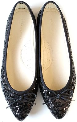 Amiami FX2015 Ballet Shoes, Pointed Toe, Women's, Flat, Pumps, Easy to Walk, Black, Silver, Ballet Core, Flat, Black(Sequins), 24.0~24.5 cm
