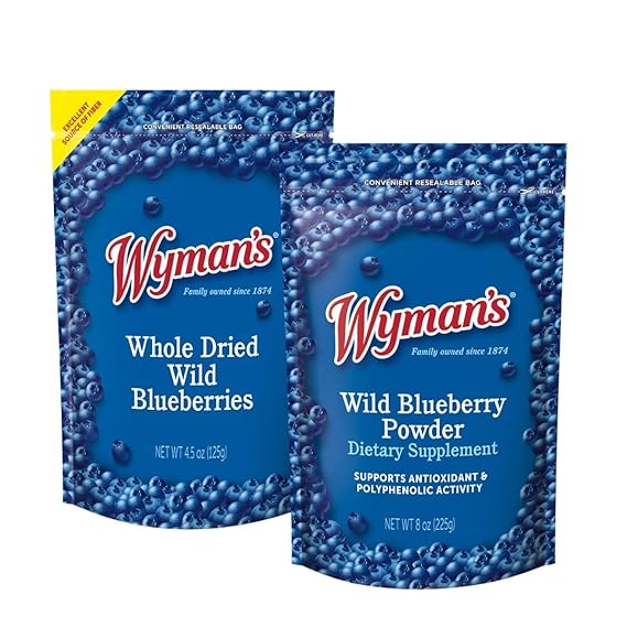 Wyman's Wild Blueberry Powder & Dried Wild Blueberries Bundle | 100% Wild Blueberries | Antioxidant Activity | Great for Smoothies, Baking, Snacking | Resealable Bag (8oz & 4.5oz, Pack of 2)