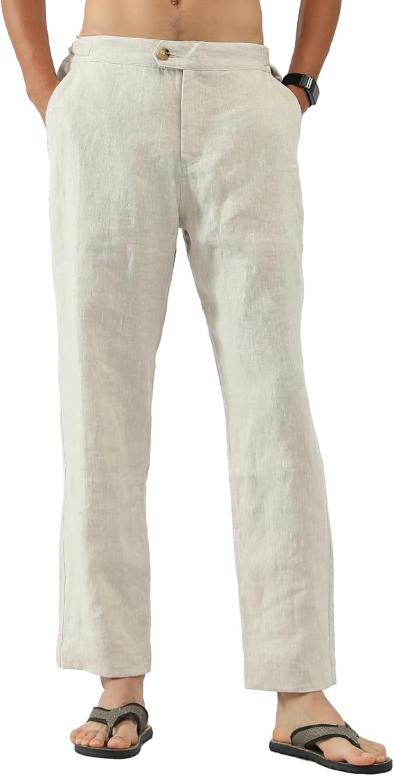 CLSEN Mens 100% Linen Casual Business Pants Side Tab Tapered Fit