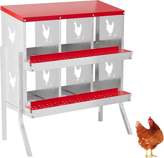 Metal Nesting Boxes for Chickens - 6 Compartments Chicken Roosting Boxes, Chicken Coop Nest Box with Legs, Perch & Lid - Versatile Wall Mount or Free Standing for Backyard Flock, Homestead, Small Farm