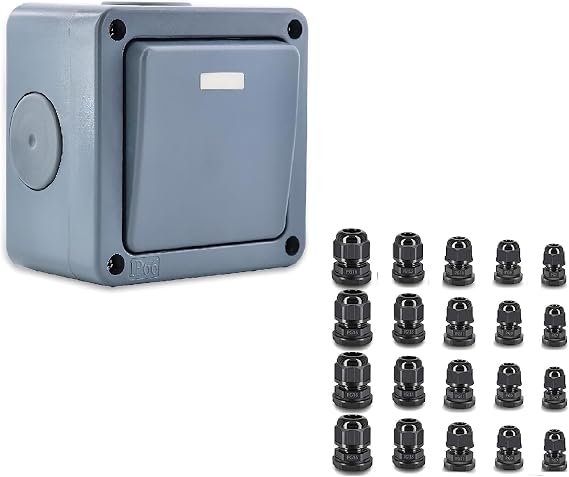 NineLeaf 1PK IP66 Waterproof Switch, SPDT(Single Pole Double Throw) Switch, 1Gang 2Way Single Weatherproof Light Switch for Outdoor Garden, with 5 Different Outdoor Waterproof Sizes Cable Gland