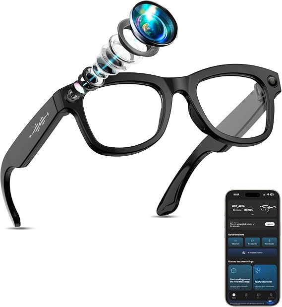 AI Smart Glasses - 8MP Camera with 1200P POV Video Recording - Real-Time Translation Wearable Assistant for Travel and Meetings - Anti-Blue Light Lenses, Black Frame
