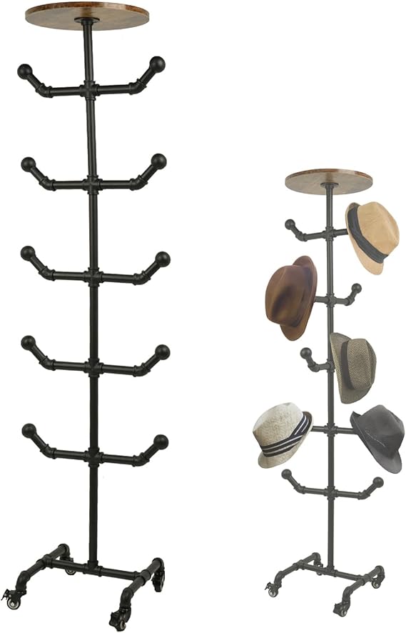 uyoyous Industrial Standing Hat Rack, Heavy Duty Metal Pipe Hat Display Stand with Wheels, Freestanding Rolling Hat Organizer Tree for Cowboy Hats & Caps, 10 Hanger Hooks for Bedroom Entryway