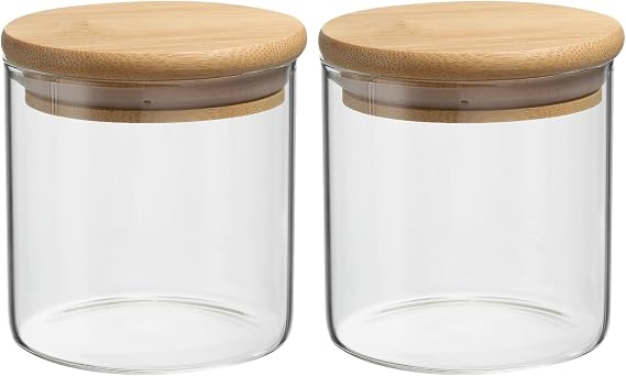 10oz Glass Jars Airtight Bamboo with Lids - Set of 2 - Clear Food Storage Jars for Nuts, Sugar, Coffee Beans, Spa and Spas